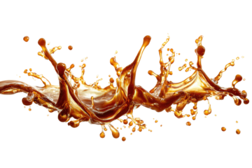 A dynamic splash of amber liquid,  forming complex  shapes against a black background.  Fluid,  brown liquid erupts and cascades in a horizontal pattern