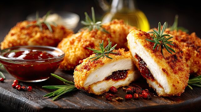 Delicious crispy fried chicken breasts in breadcrumbs.