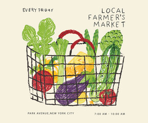 Fototapeta premium Local farmer market. Organic vegetable farm. Local vegetable market artwork for t shirt print, poster, sticker and other uses.