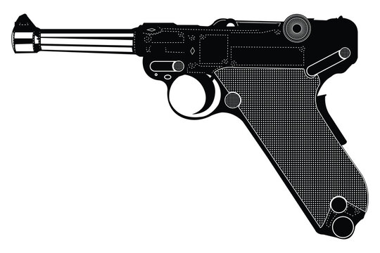 Luger p08 pistol silhouette vector, Classic handgun outline illustration, Luger style firearm graphic design, Black and white pistol vector artwork.eps