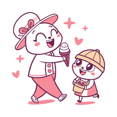 Happy Panda and Curious Child Share Ice Cream Cone in a Cute Sunny Scene