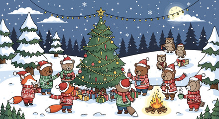 Adorable forest animals celebrate a magical snowy Christmas Eve with a decorated tree, gifts, and warm drinks around a cozy campfire under the moonlight