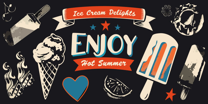 Enjoy ice cream delights hot summer retro style illustration with popsicles cones and cherries
