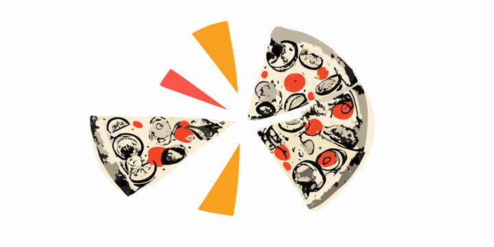 Abstract illustration of pizza slices arranged in a dynamic composition with colorful radiating lines