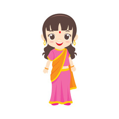 Vector flat illustration. Malaysian Indian girl wearing traditional attire called Saree