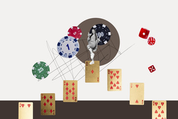 Collage of casino addiction theme with cards dice chips poker roulette blackjack representing gambling temptation and risk
