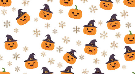 Cute cartoon pumpkins wearing witch hats and snowflakes on a white background.