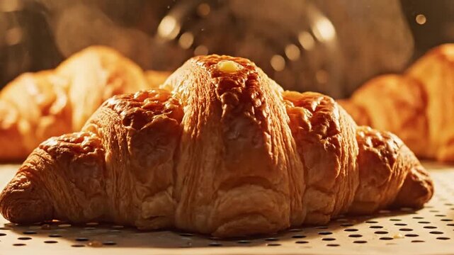 Freshly baked croissants cooling on a wire rack in a warm kitchen, with soft lighting and baking tools in the background