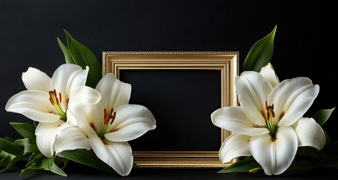 Empty golden frame surrounded by white lilies on a black background, symbolic of remembrance or tribute.