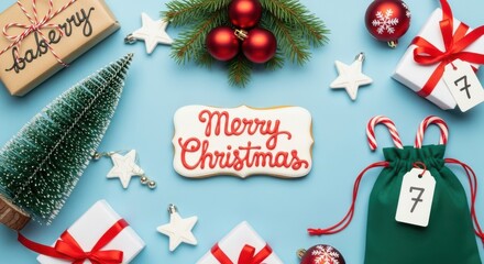 Festive Christmas Composition with Presents Decorations and Cookie on Blue Backdrop
