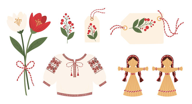 Traditional decorative elements for spring festivities including flowers embroidery and folk dolls.