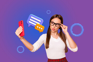 Exclusive zine art pop trend collage of happy girl guy stand bubble correspondence cv icon webpage chat dialogue conversation