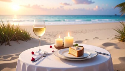 Obraz premium Romantic beachside dinner setup with cake wine and candles during sunset showcasing intimate coastal ambiance and serene natural elegance
