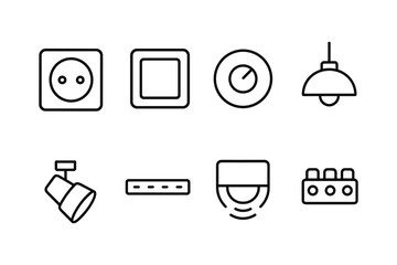 Minimalist line art icons of home electrical devices and lighting fixtures