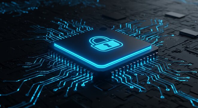 Cyber security concept with a glowing padlock icon on a computer chip and circuit board, representing digital protection and data safety - Powered by Adobe