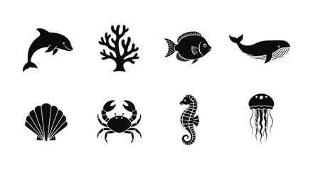 Obraz premium Silhouette icons of marine life: dolphin, whale, coral, and more