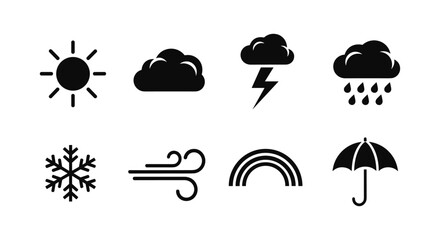 Fototapeta premium Minimalist weather icons set: sun, cloud, lightning, rain, snow, wind, rainbow, umbrella