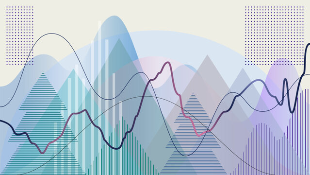 Modern concept of analysis, finance, presentation, background for your interface, advertising, text. Graphs, charts, parabolas, geometric figures on blue-gray gradient vector background. - Powered by Adobe