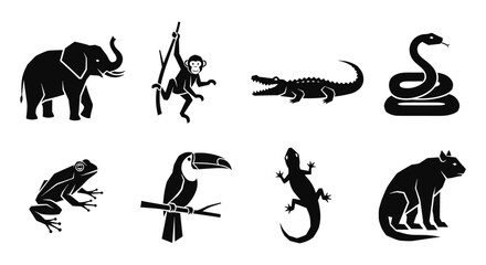 Naklejka premium Wild animal silhouettes: elephant, monkey, crocodile, snake, frog, toucan, lizard, panther