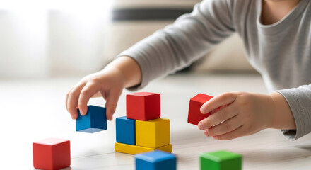 Child's hands building a tower with colorful wooden blocks on the floor. Learning, development, and play.