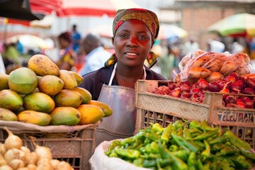 Vendor market fruits vegetables stall outdoor; African vendor in her 40s sells fresh produce.
