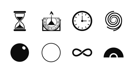 Minimalist time and geometry icons: clocks, spirals, circles, infinity