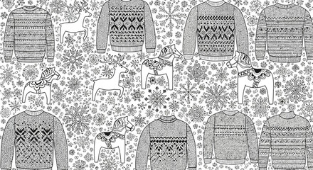 Cozy winter holiday seamless pattern featuring knitted sweaters, Dala horses, and intricate snowflakes for festive decorations