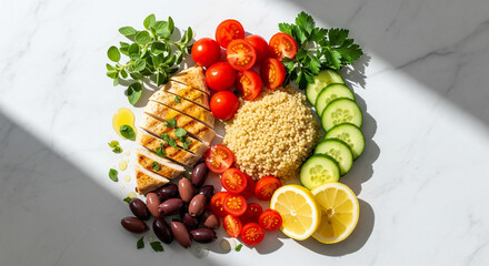 Healthy meal prep plate with grilled chicken, quinoa, and fresh vegetables.