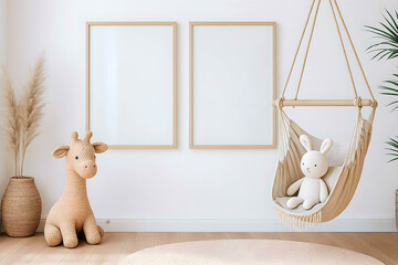 Kids Room Minimalist Interior with Empty Frames and Neutral Decor