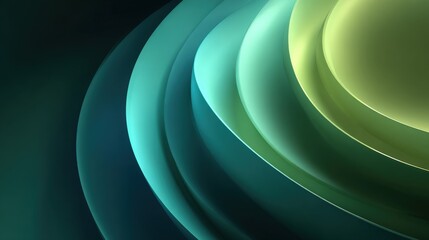 abstract background showcasing gradient blend of colors from dark teal, turquoise to lime green. Smooth, flowing layers and curved shapes create sense of movement, three-dimensional artistic beauty