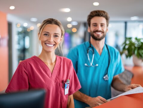 female nurse in magenta scrubs and male doctor in blue scrubs with stethoscope are standing at hospital or clinic reception desk, smiling directly at camera. They represent dedicated medical teamwork
