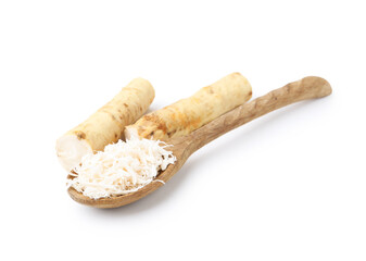 Grated horseradish and roots isolated on white