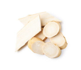 Fresh raw horseradish roots isolated on white, top view