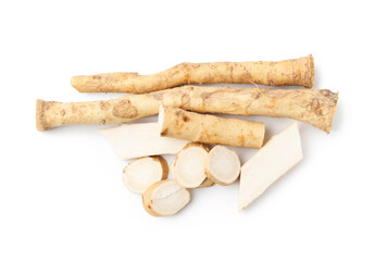 Fresh raw horseradish roots isolated on white, top view