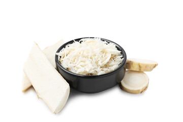 Grated horseradish and cut root isolated on white