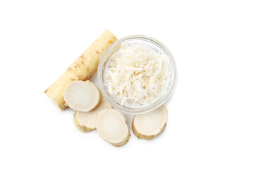 Grated horseradish and cut root isolated on white, top view