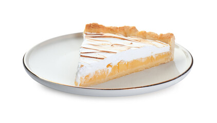 Slice of tasty lemon meringue tart isolated on white
