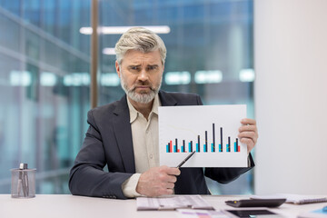 Businessman looking directly at the camera with a concerned expression while presenting a bar chart ,showing a downward trend in business finance during an office meeting