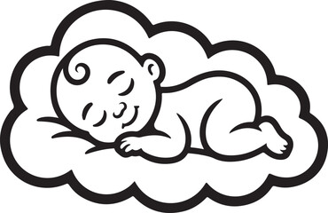 Peaceful sleeping newborn baby on a soft fluffy cloud, line art illustration representing comfort and dreams. Vector
