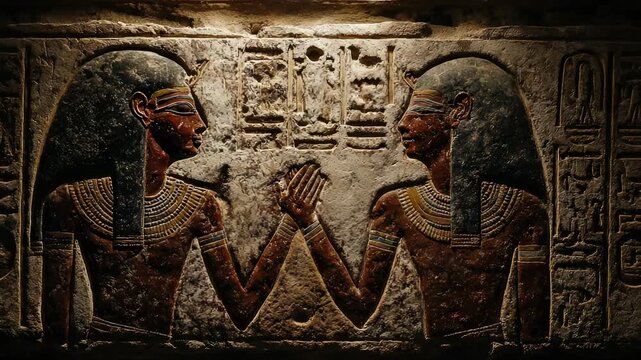 Ancient Egyptian Carving Depicting Two Figures in Profile with Hands Raised, Hieroglyphs and Ornate Jewelry, Archaeological Site, History and Culture.