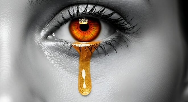 Conceptual art of beautiful amber eye with liquid gold tears on greyscale female face - Powered by Adobe