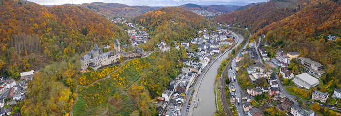 Aerial panorama view of the old town around the city and castle Altena in Germany on a cloudy noon in fall 