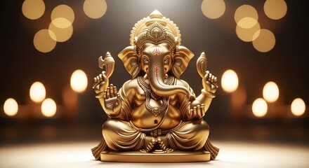 Fototapeta premium Golden statue of lord ganesha, the hindu deity, seated in a meditative pose with soft bokeh lights in the background, symbolizing wisdom and prosperity