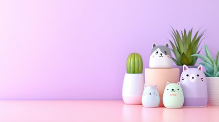 Adorable pastel-colored animal figurines arranged on a soft pink surface with plants in a serene setting