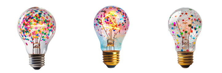 Set of light bulb with colorful confetti pattern isolated on transparent or white background