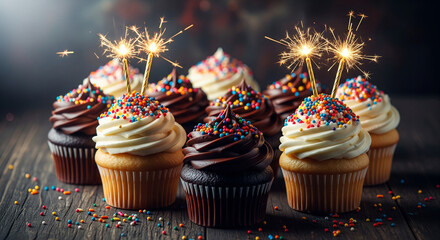 Festive cupcakes with burning sparklers and colorful sprinkles on dark background.