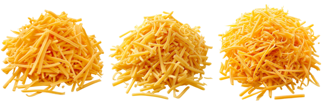 Set of pile of shredded cheddar cheese with fine strands isolated on transparent or white background