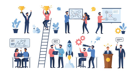 Vector illustration of various business people in various team work activities.