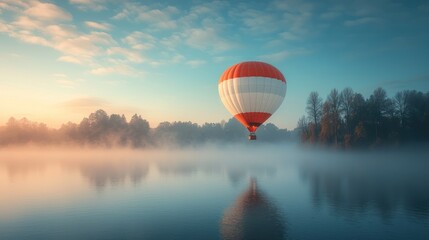 Obraz premium Hot air balloon sunrise over misty lake. Travel, adventure, serenity