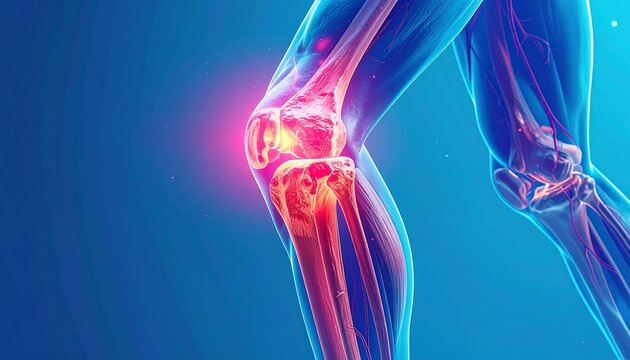3d x ray illustration of a walking man experiencing knee joint pain against a blue background